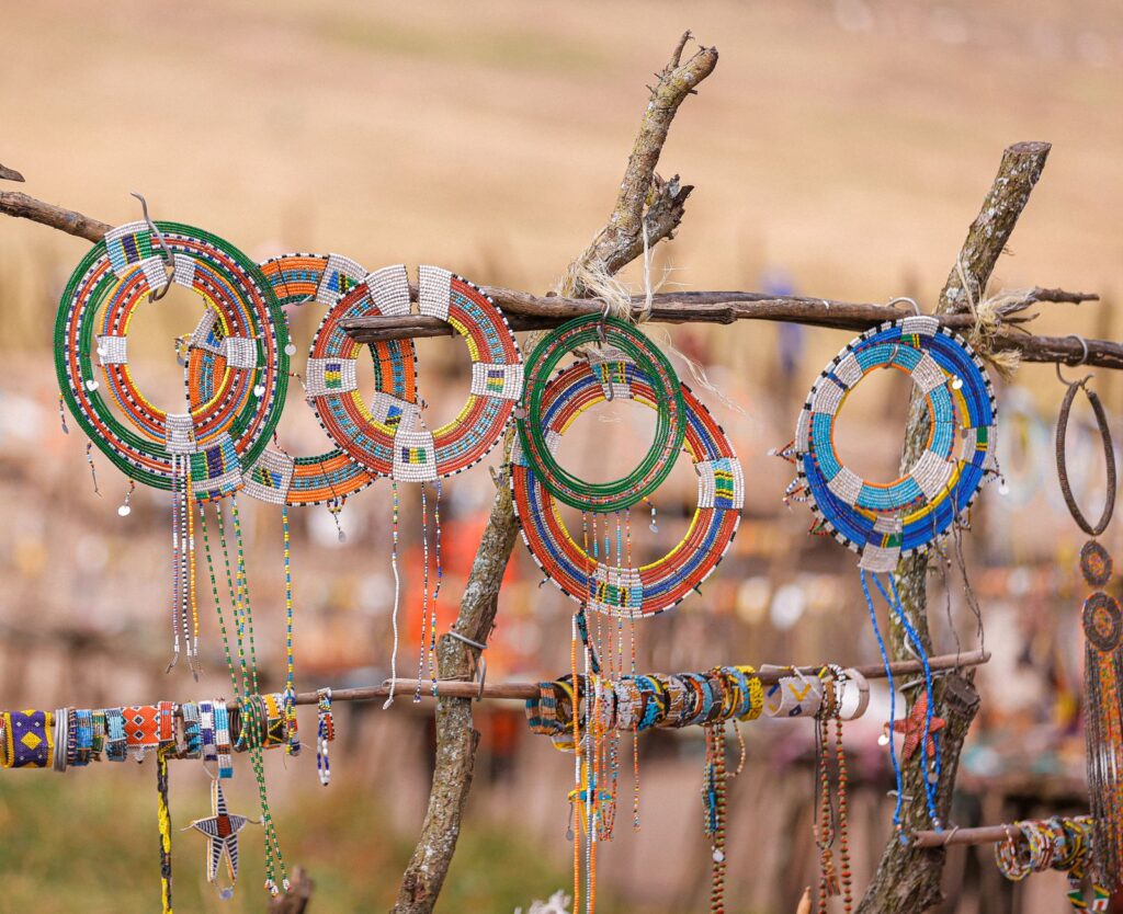 Vibrant Maasai beaded jewelry craft display in Tanzania