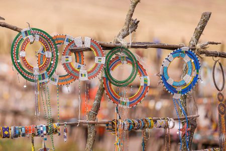 Vibrant Maasai beaded jewelry craft display in Tanzania